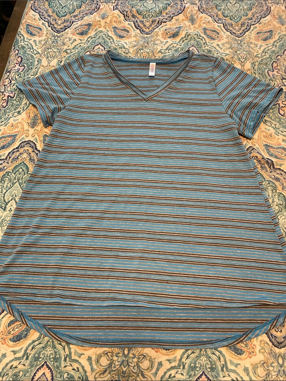 LuLaRoe Short-Sleeve V-Neck Striped Tee in Blue and Brown